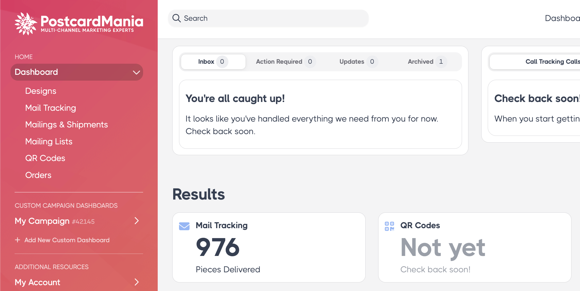 PostcardMania results dashboard showing 976 pieces delivered and zero QR code scans
