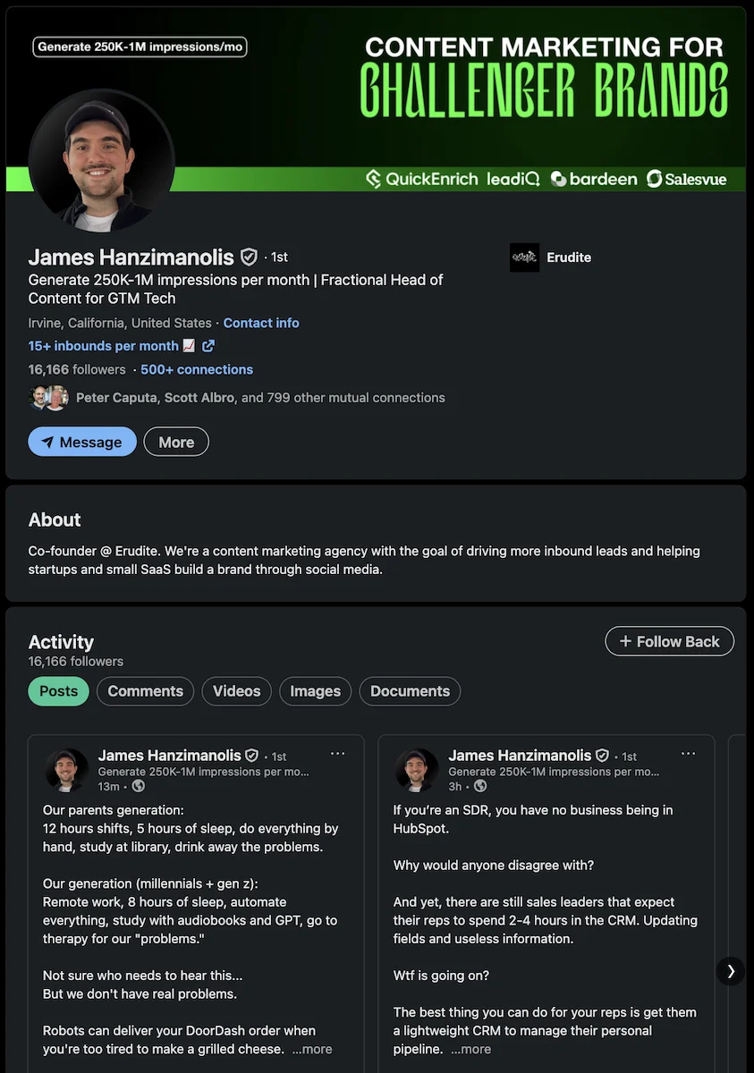 LinkedIn profile screenshot for James Hanzimanolis