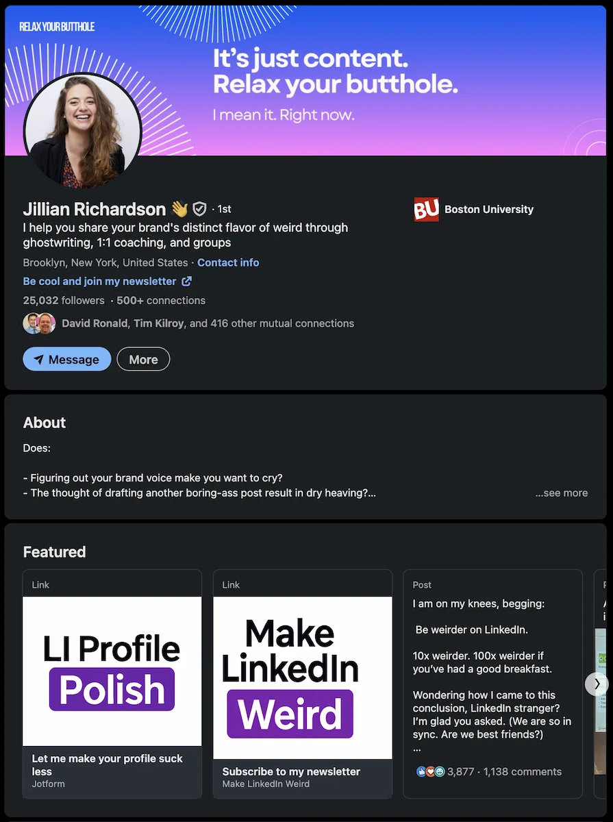 LinkedIn profile screenshot for Jillian Richardson