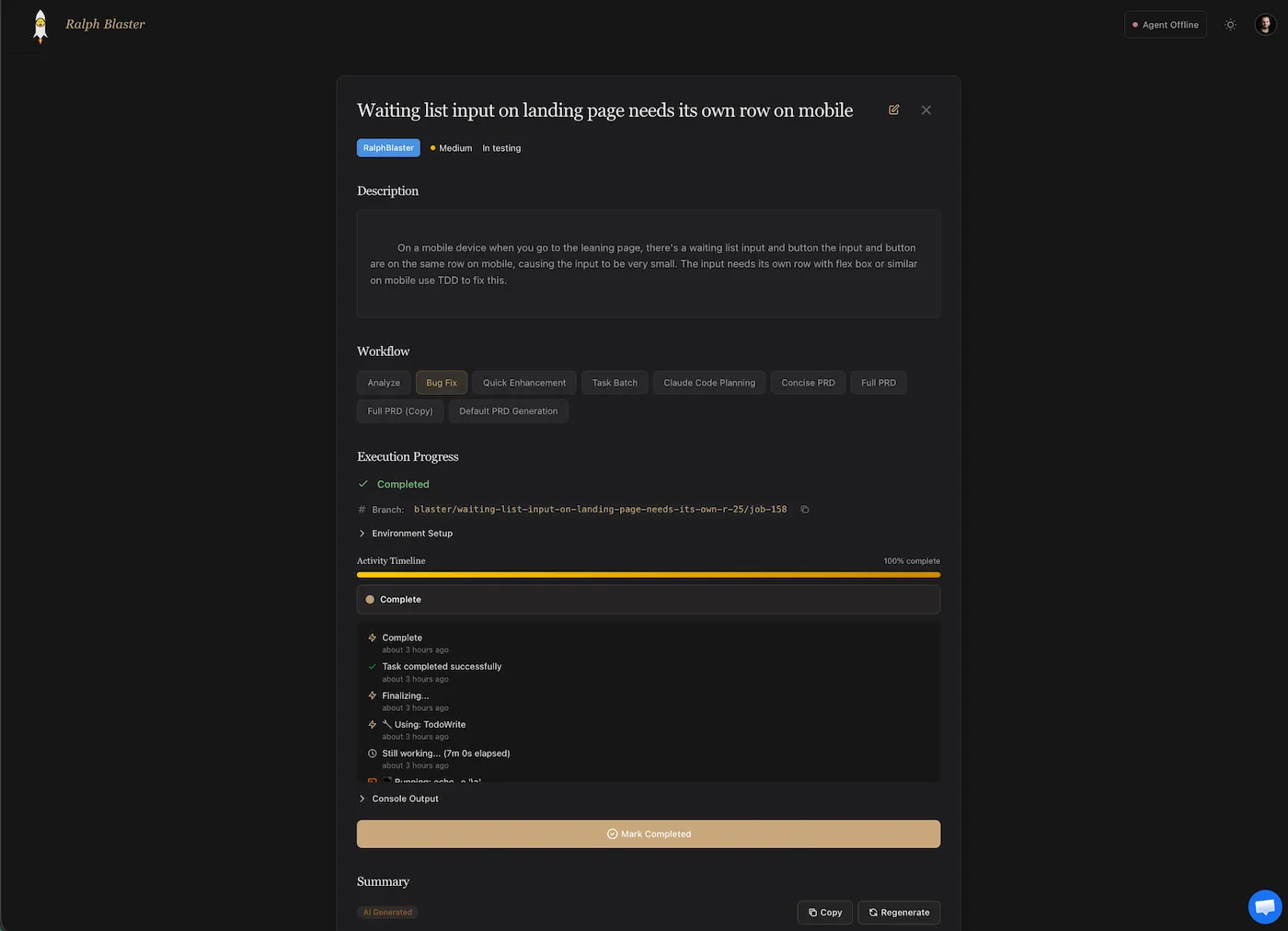 Ticket detail view showing completed execution timeline and branch information