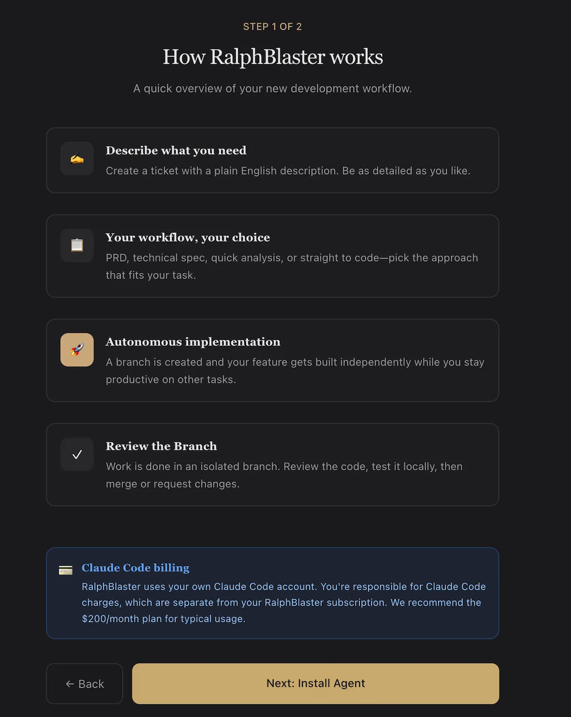 RalphBlaster onboarding overview showing ticket, workflow choice, autonomous implementation, and branch review
