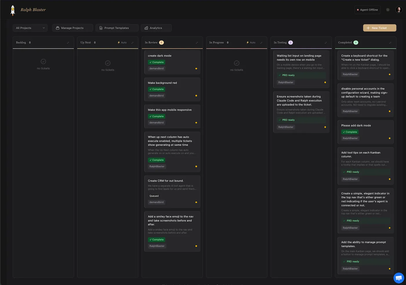 RalphBlaster Kanban board with backlog, review, testing, and completed columns