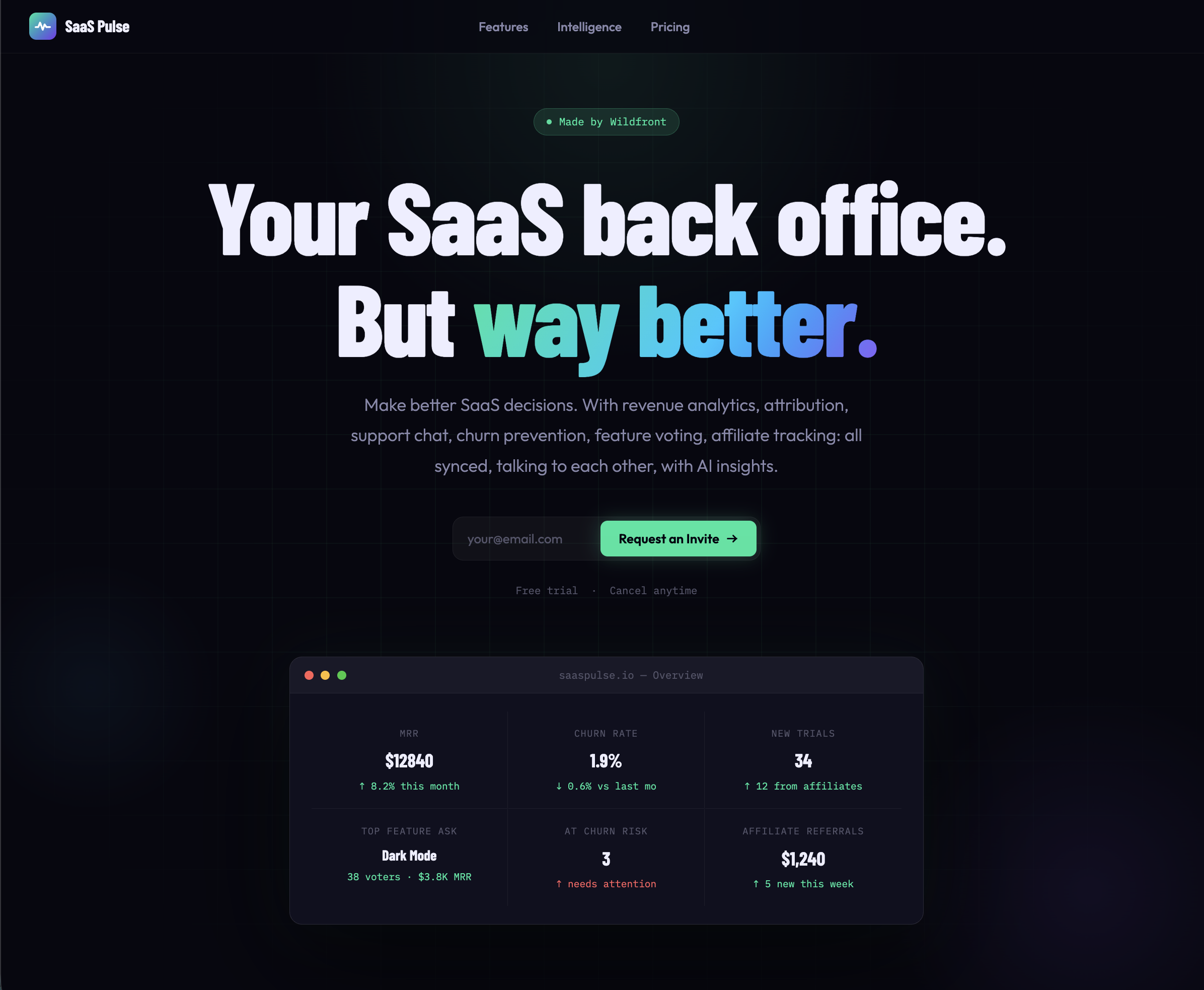 SaaSPulse dashboard — your SaaS back office